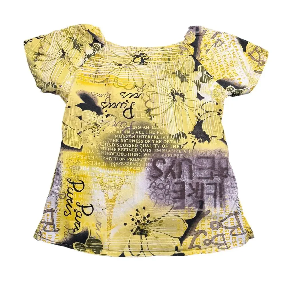 Koi by Kathy Peterson Yellow Y2K Abstract Floral Paris Graphic‎ Blouse XS